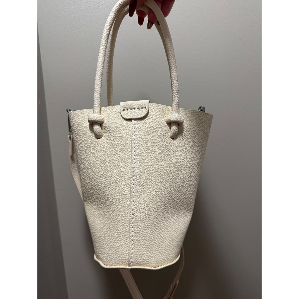 Hand Sewn Mini Bucket Bag Cream Pebbled Vegan Leather Crossbody Handbag